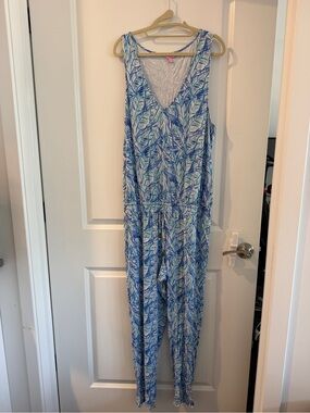 Lilly Pulitzer Blue & White Tropical-Leaf Jumpsuit